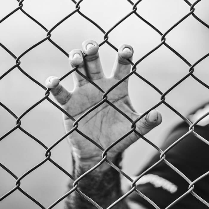 Hand holding onto metal fence